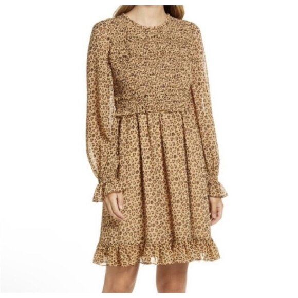 Rachel Parcell dress womens small S tan animal print smocked fall career office - Picture 1 of 8